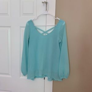 Chiffon turquoise scoop back sheer shirt